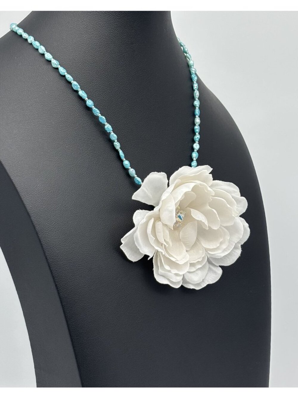 Artisan Necklace of Blue Vintage Rice Pearls and Fabric Rose Swarovski Crystals~